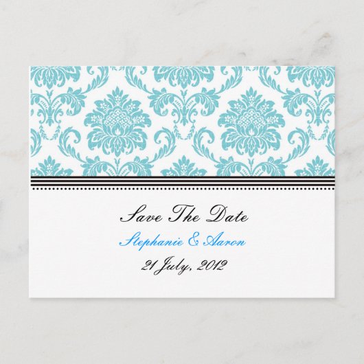 Turquoise Damask slaat het Briefkaart Date op (Voorkant)