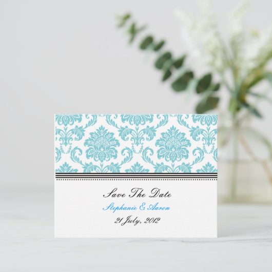 Turquoise Damask slaat het Briefkaart Date op (Staand voorkant)