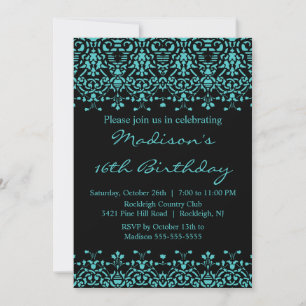 Turquoise Damask Sweet Sixteen Birthday Invitation Kaart