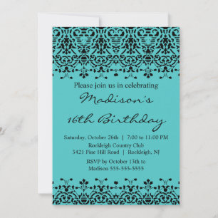 Turquoise Damask Sweet Sixteen Birthday Invitation Kaart