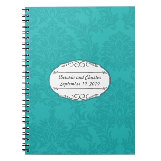 Turquoise Damask Trouwplanning Gastenboek Notitieboek (Voorkant)