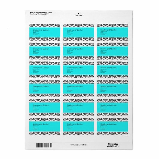 Turquoise Damask Wedding Adresetiketten Etiket (Full Sheet)