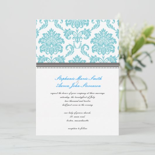 Turquoise Damask Wedding Invitation Kaart (Staand voorkant)