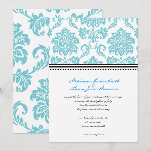 Turquoise Damask Wedding Invitation Kaart (Voorkant / Achterkant)