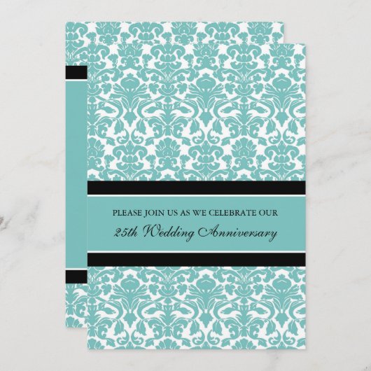 Turquoise Damast 25e jubileumfeest uitnodiging (Voorkant / Achterkant)