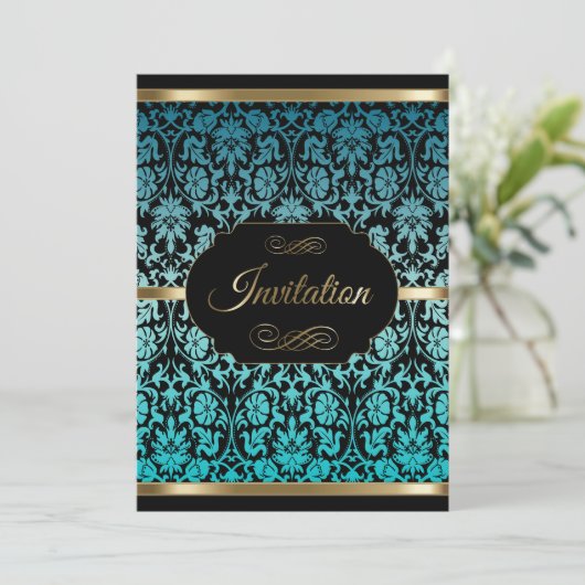 Turquoise Damast Feestelijke Viering | Doe-het-zel Kaart (Staand voorkant)