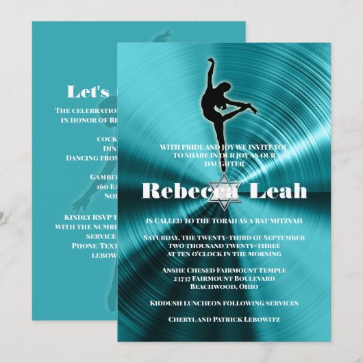 Turquoise Dance Danser Bat Mitzvah Kaart (Voorkant / Achterkant)