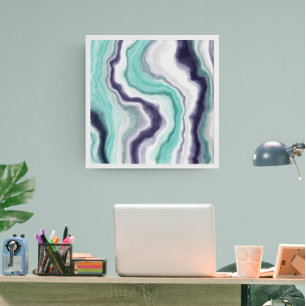 Turquoise, Dark Blue en White Marble Agate Swirls Canvas Afdruk