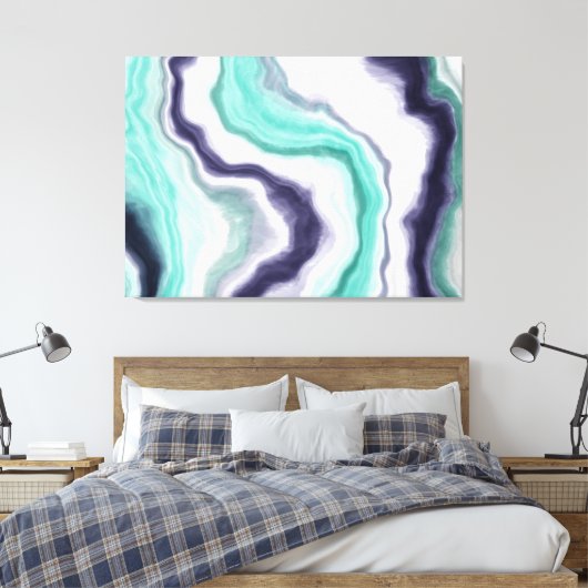 Turquoise, Dark Blue en White Marble Agate Swirls Canvas Afdruk (Insitu (Slaapkamer))