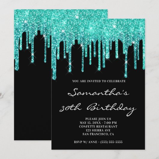 Turquoise Dark Cyan Glitter Drift Black Birthday Kaart (Voorkant / Achterkant)