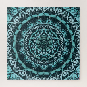 Turquoise Dark Green Damask Mandala Legpuzzel
