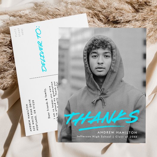 Turquoise Dashed Modern Photo Afstuderen Dank u Briefkaart