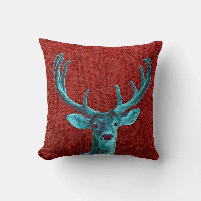 Turquoise Deer en Rustic Red Kussen (Voorkant)