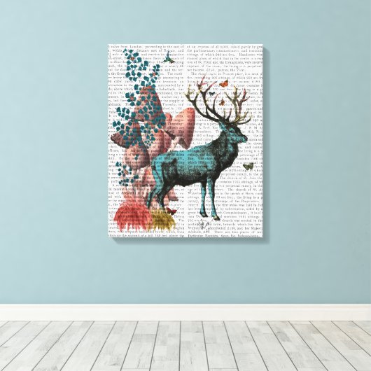 Turquoise Deer in paddenstoelbos Canvas Afdruk (Insitu (Houten vloer))