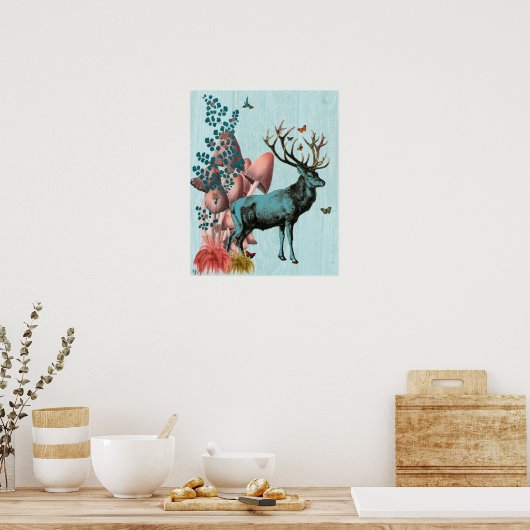 Turquoise Deer in paddenstoelbos Poster (Keuken)