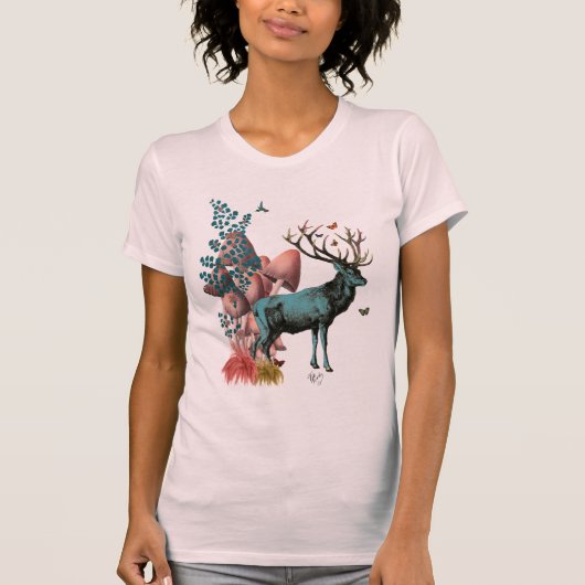 Turquoise Deer in paddenstoelbos T-shirt (Voorkant)