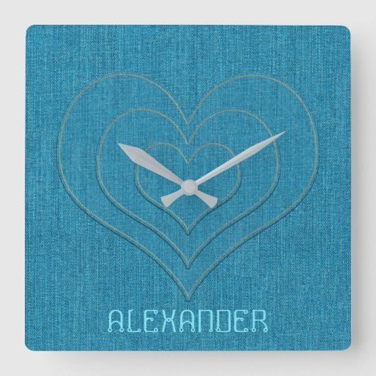 Turquoise Denim Jeans 3 Hearts, gepersonaliseerde  Vierkante Klok (Voorkant)