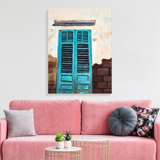 Turquoise-deur in Italiaanse straat Canvas Afdruk (Insitu (Woonkamer))