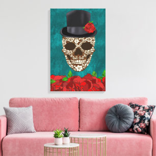  Turquoise Día de Los Muertos Sugar Skull Canvas Afdruk