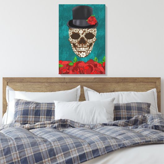  Turquoise Día de Los Muertos Sugar Skull Canvas Afdruk (Insitu (Slaapkamer))