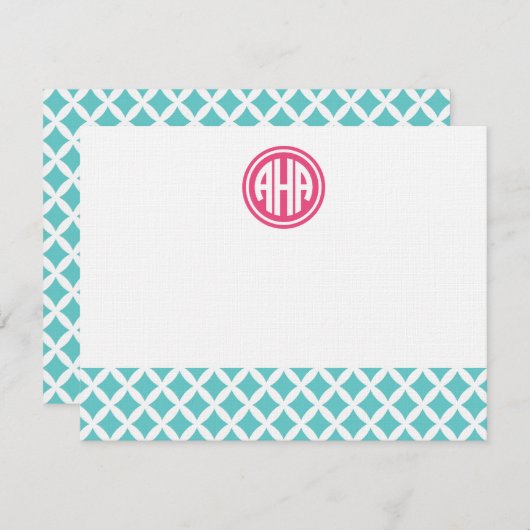 Turquoise Diamanten Cirkel Monogram Stationery Notitiekaartje (Voorkant / Achterkant)