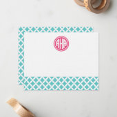 Turquoise Diamanten Cirkel Monogram Stationery Notitiekaartje (Voorkant / Achterkant in situ)