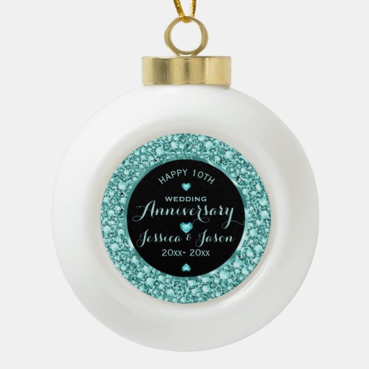 Turquoise Diamonds Glitter 10e Jubileum Keramische Bal Ornament (Voorkant)