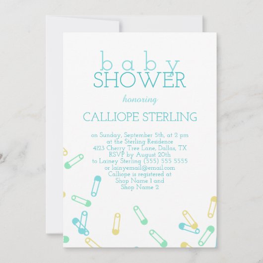Turquoise Diaper Pins Baby shower Invitation Kaart (Voorkant)