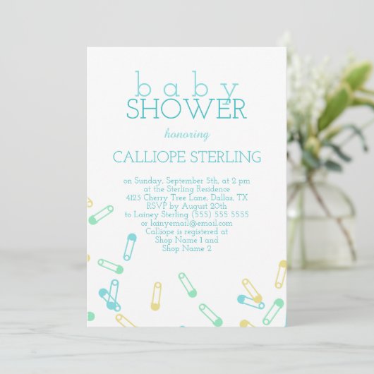 Turquoise Diaper Pins Baby shower Invitation Kaart (Staand voorkant)