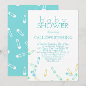 Turquoise Diaper Pins Baby shower Invitation Kaart (Voorkant / Achterkant)