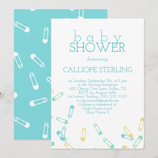 Turquoise Diaper Pins Baby shower Invitation Kaart (Voorkant / Achterkant)