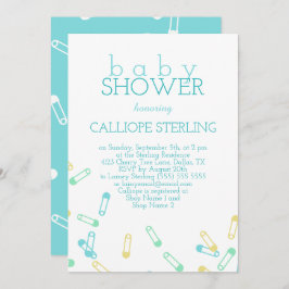 Turquoise Diaper Pins Baby shower Invitation Kaart