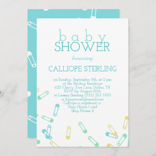 Turquoise Diaper Pins Baby shower Invitation Kaart