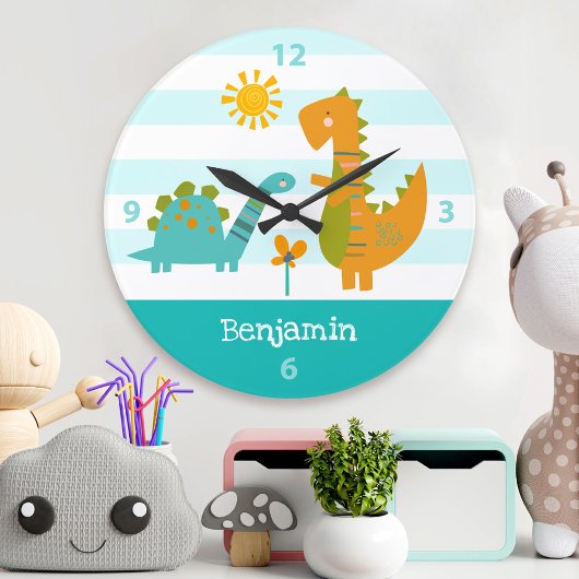Turquoise Dinosaur Boy Naam Babykamer Kawaii Schat Grote Klok