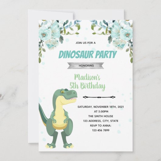 Turquoise dinosaurus baby shower uitnodiging (Voorkant)