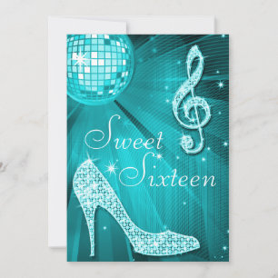 Turquoise Disco Bal en Glitter Hakken Sweet 16 Kaart