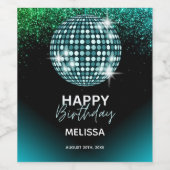 Turquoise Disco Glitter Dance Gelukkige Verjaardag Wijn Etiket (Enkel label)