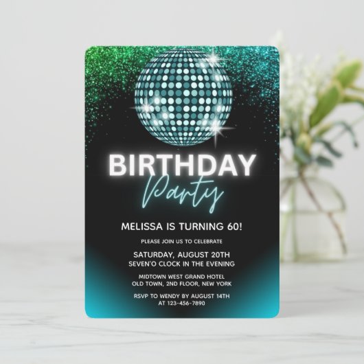 Turquoise Disco Night Glitter Verjaardagsfeestje Kaart (Staand voorkant)