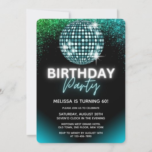 Turquoise Disco Night Glitter Verjaardagsfeestje Kaart (Voorkant)