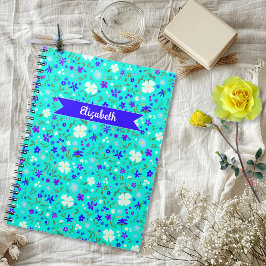 Turquoise Ditsy Bloem Illustratie Gepersonaliseerd Notitieboek