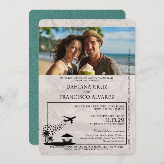 Turquoise Dominicaanse Republiek Paspoort bruiloft Kaart (Voorkant / Achterkant)