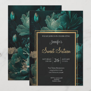 Turquoise Donkere Stemming Bloemige Sweet 16 Kaart