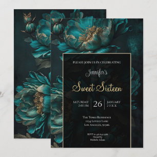 Turquoise Donkere Stemming Bloemige Sweet 16 Kaart