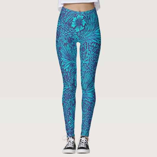  turquoise donkerpaarse bloemmotief leggings (Voorkant)