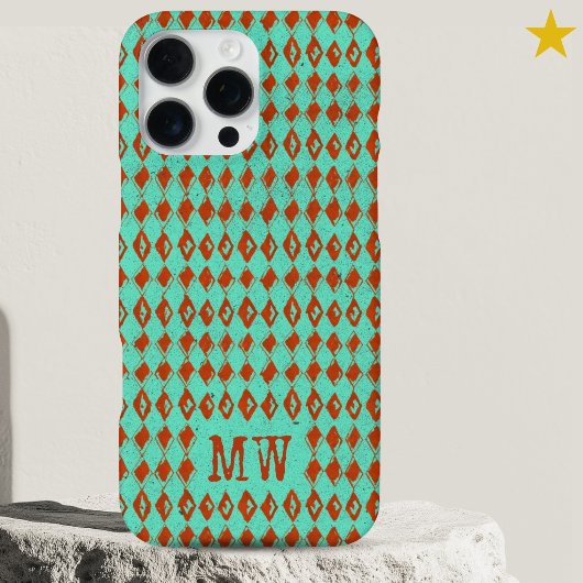 Turquoise Doodle Diamond Pattern Custom Monogram iPhone Hoesje