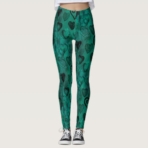 Turquoise Doodle Grunge Hearts Leggings