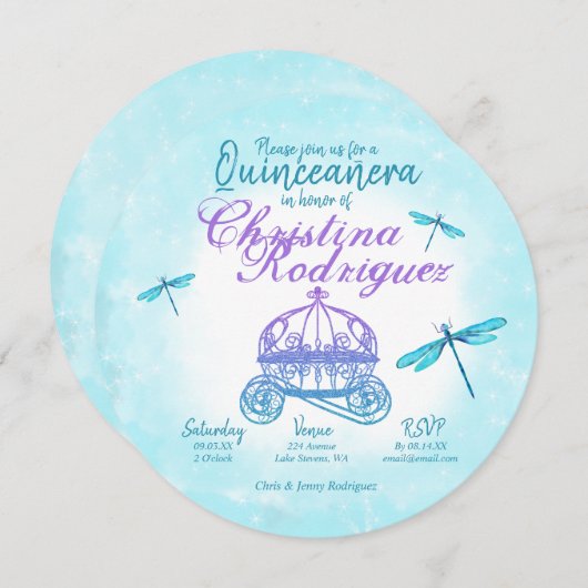 Turquoise Dragonflies, Paars Quinceañera Kaart (Voorkant / Achterkant)