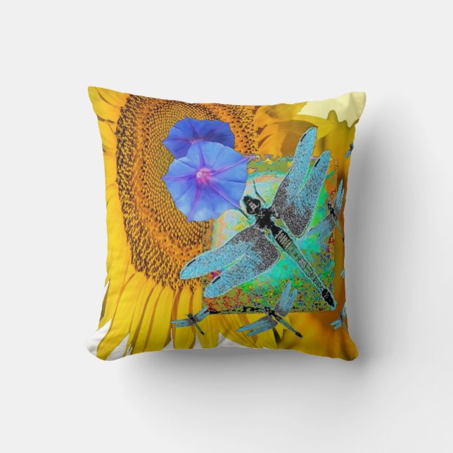 TURQUOISE DRAGONFLIES SUNFLOWER PATTERN ART KUSSEN (Voorkant)
