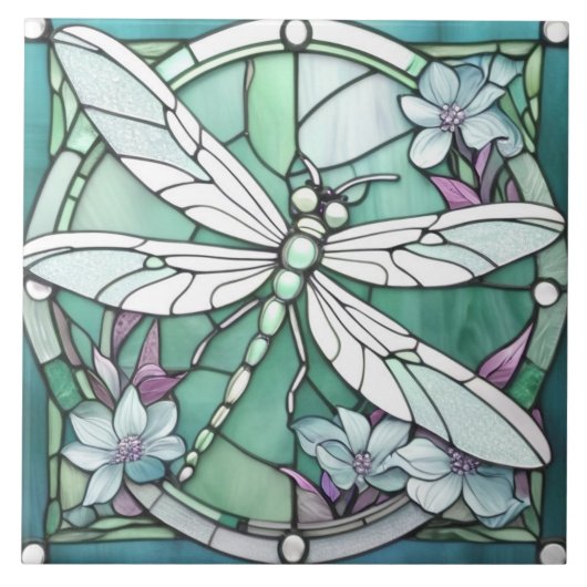 Turquoise Dragonfly Art Nouveau Deco Glas in lood Tegeltje (Voorkant)