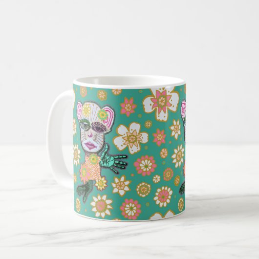 Turquoise Drollery Floral beroemd gemaakt door Nat Koffiemok (Voorkant links)